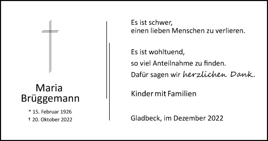 Traueranzeige von Maria Brüggemann von Tageszeitung