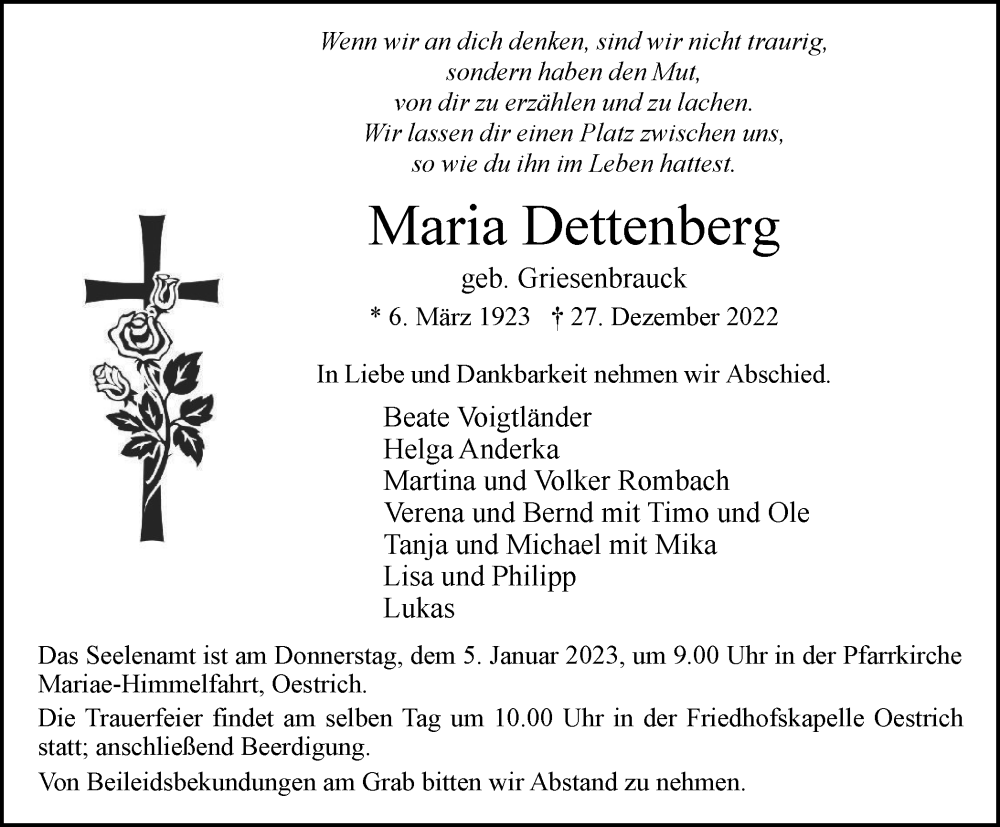  Traueranzeige für Maria Dettenberg vom 31.12.2022 aus Tageszeitung