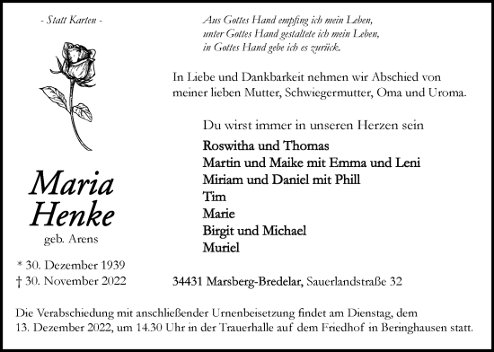 Traueranzeige von Maria Henke von Tageszeitung