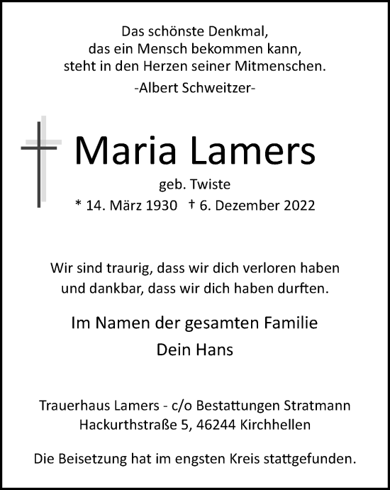 Traueranzeige von Maria Lamers von Tageszeitung