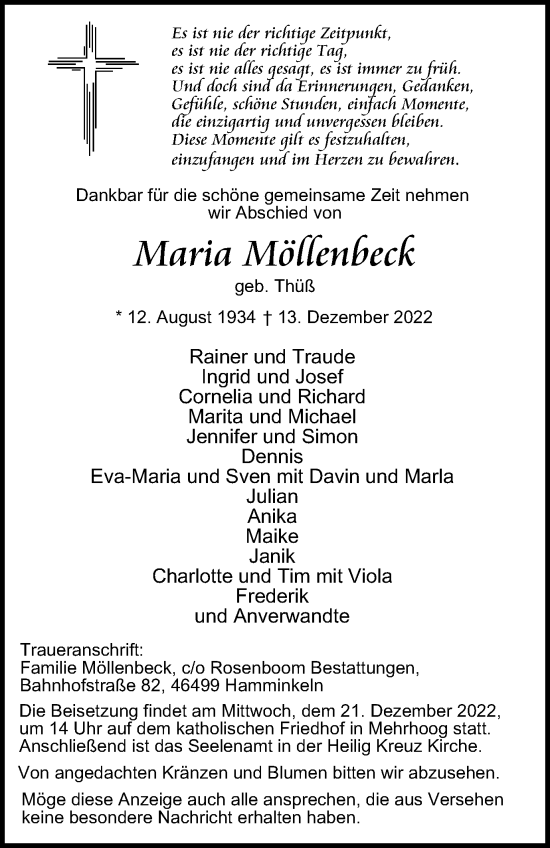Traueranzeige von Maria Möllenbeck von Tageszeitung