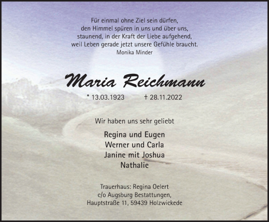 Traueranzeige von Maria Reichmann von Tageszeitung