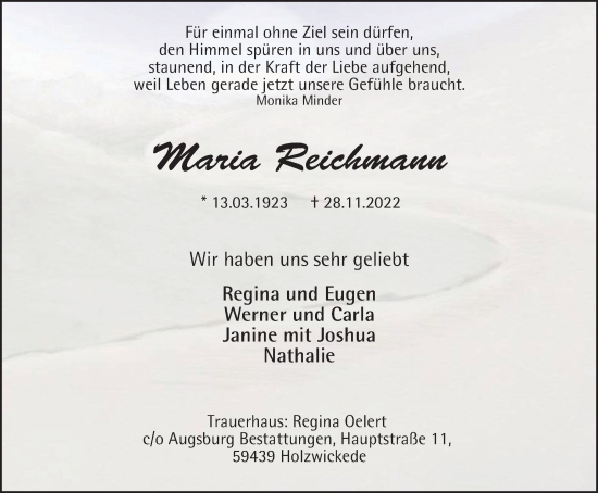 Traueranzeige von Maria Reichmann von WVW Anzeigenblätter