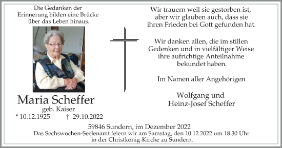 Traueranzeige von Maria Scheffer von Tageszeitung