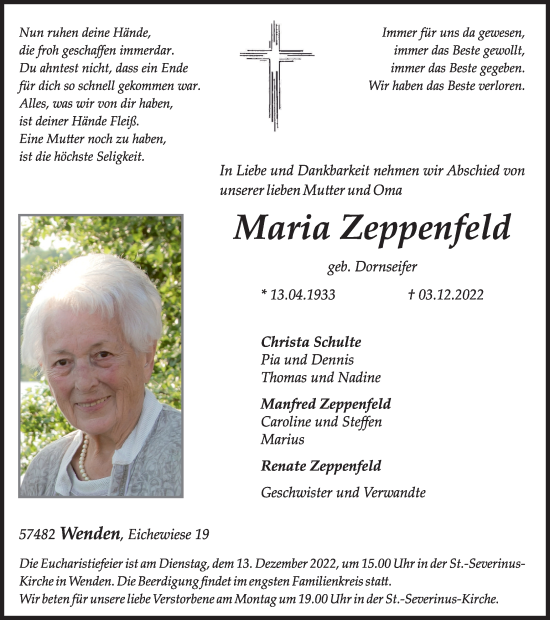 Traueranzeige von Maria Zeppenfeld von Tageszeitung