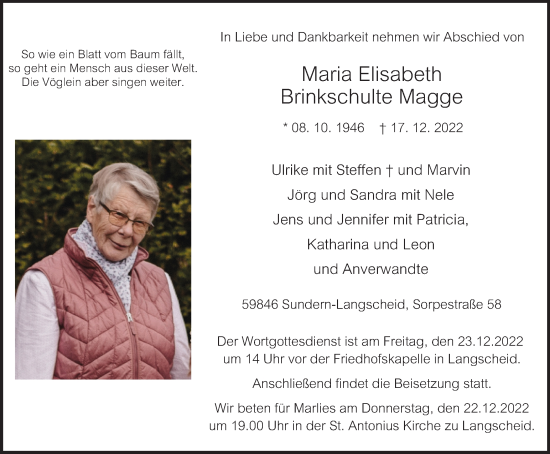 Traueranzeige von Maria Elisabeth Brinkschulte Magge von Tageszeitung