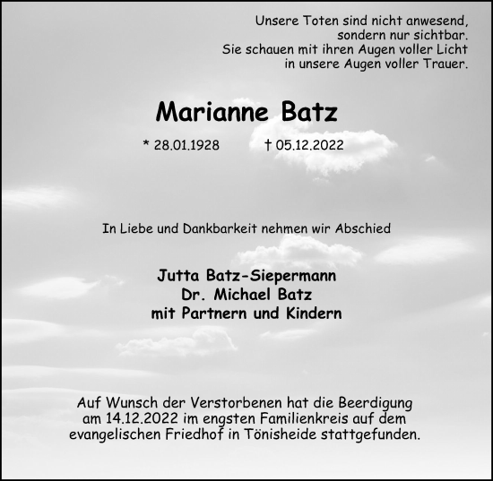 Traueranzeige von Marianne Batz von WVW Anzeigenblätter