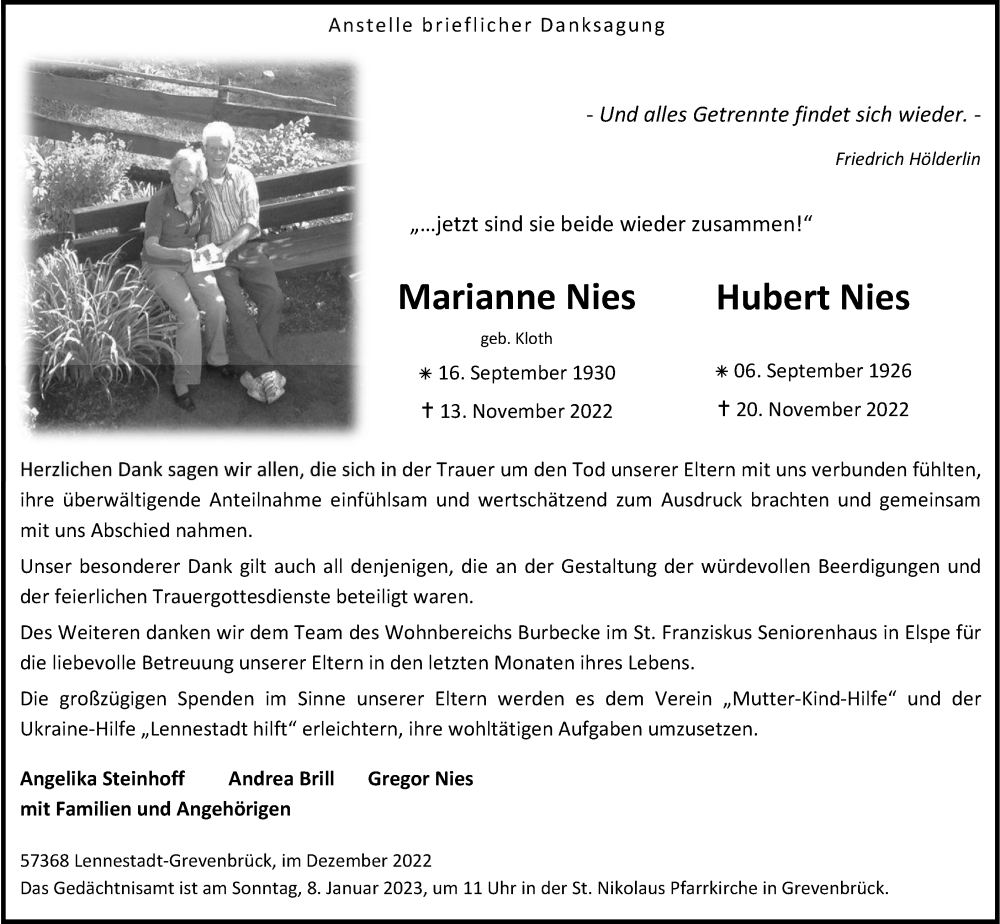  Traueranzeige für Marianne und Hubert Nies vom 16.12.2022 aus Tageszeitung