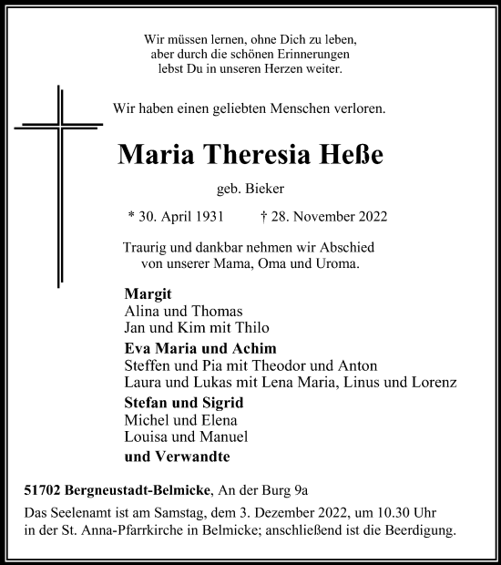 Traueranzeige von Maria Theresia Heße von Tageszeitung