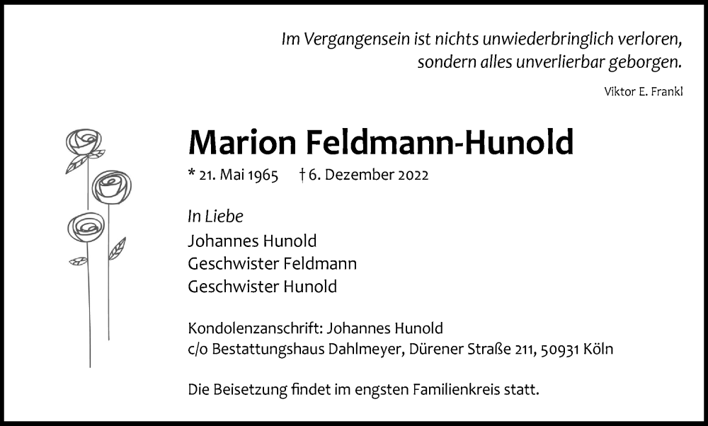  Traueranzeige für Marion Feldmann-Hunold vom 10.12.2022 aus Tageszeitung