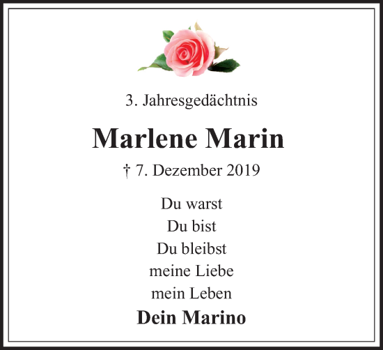 Traueranzeige von Marlene Marin von Tageszeitung