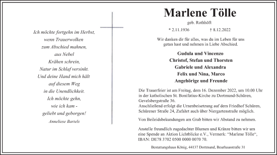 Traueranzeige von Marlene Tölle von Tageszeitung