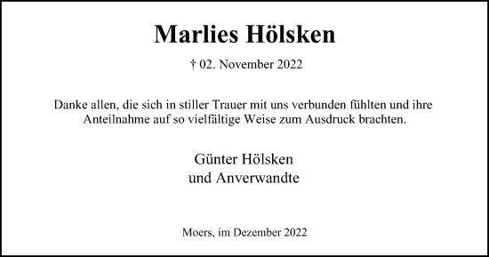 Traueranzeige von Marlies Hölsken von Tageszeitung