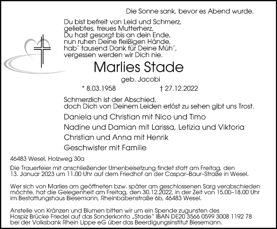 Traueranzeige von Marlies Stade von Tageszeitung