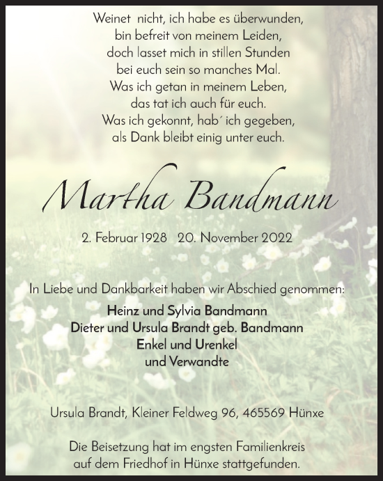 Traueranzeige von Martha Bandmann von Tageszeitung