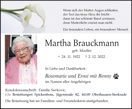 Traueranzeige von Martha Brauckmann von WVW Anzeigenblätter