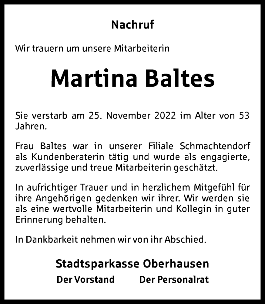  Traueranzeige für Martina Baltes vom 01.12.2022 aus Tageszeitung