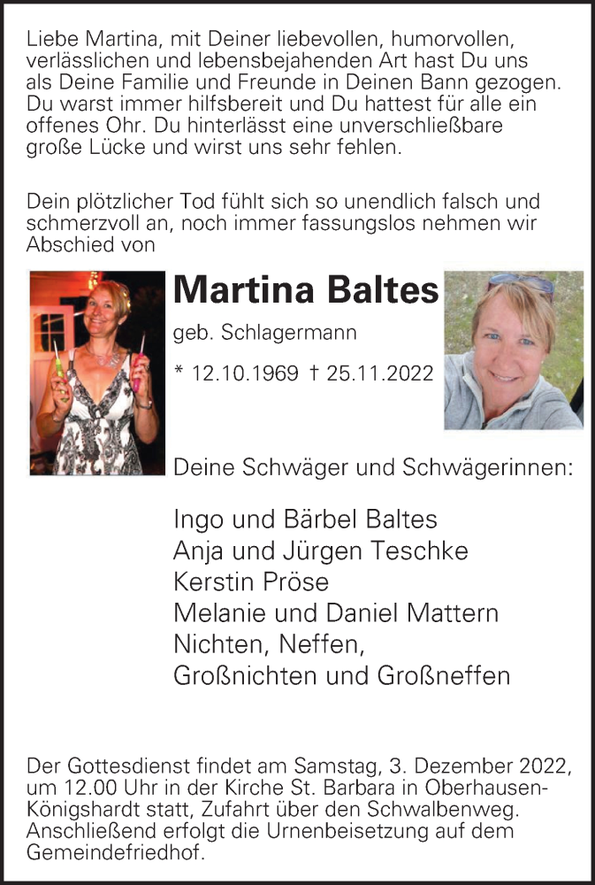  Traueranzeige für Martina Baltes vom 03.12.2022 aus WVW Anzeigenblätter