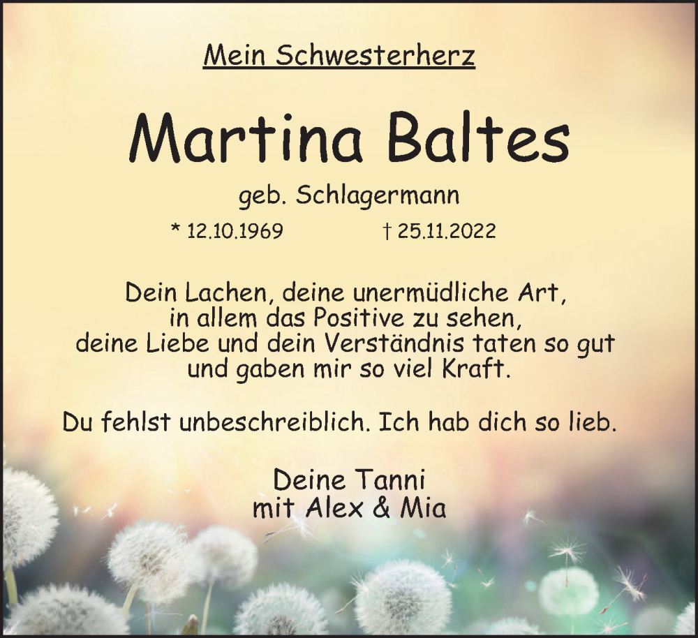  Traueranzeige für Martina Baltes vom 03.12.2022 aus WVW Anzeigenblätter