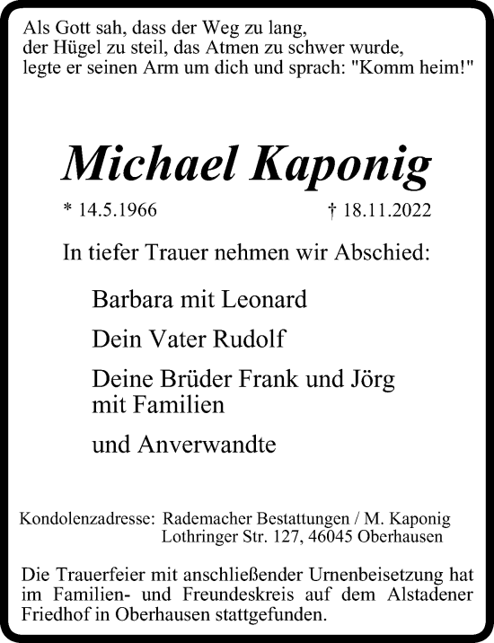 Traueranzeige von Michael Kaponig von WVW Anzeigenblätter