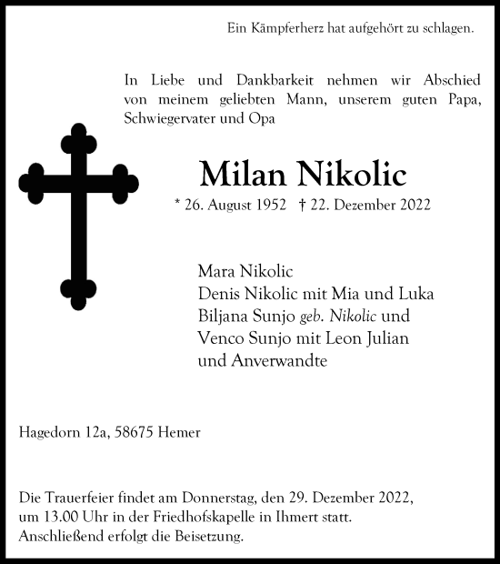 Traueranzeige von Milan Nikolic von Tageszeitung