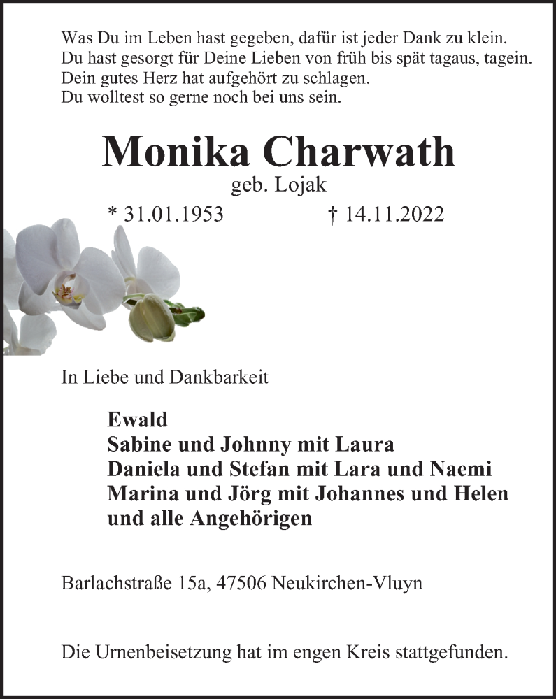  Traueranzeige für Monika Charwath vom 03.12.2022 aus Tageszeitung