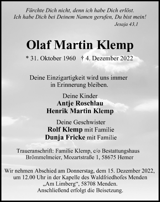 Traueranzeige von Olaf Martin Klemp von WVW Anzeigenblätter