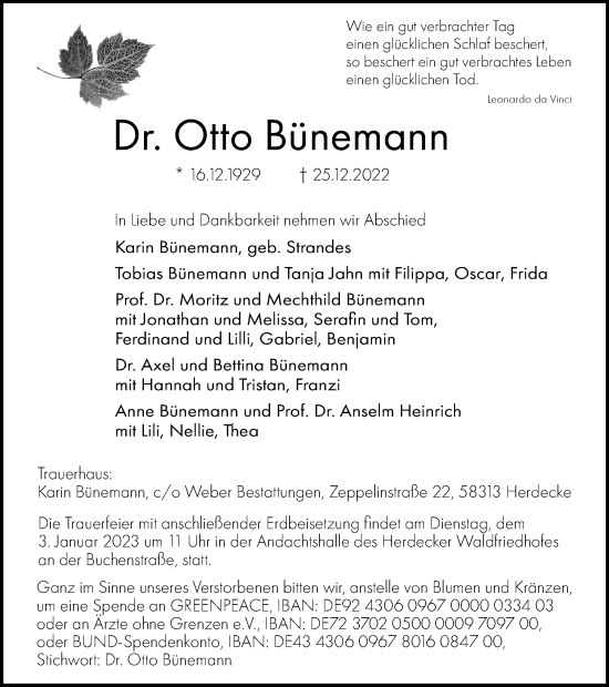 Traueranzeige von Otto Bünemann von Tageszeitung