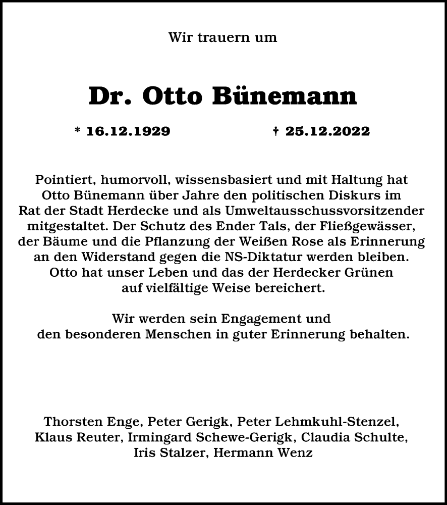  Traueranzeige für Otto Bünemann vom 31.12.2022 aus Tageszeitung
