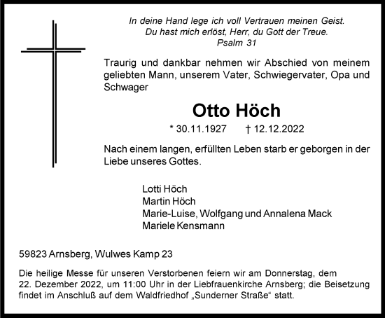 Traueranzeige von Otto Höch von Tageszeitung