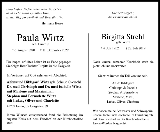 Traueranzeige von Paula und Birgitta Wirtz und Strehl von Tageszeitung