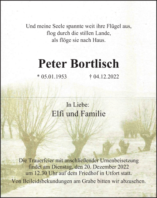 Traueranzeige von Peter Bortlisch von Tageszeitung