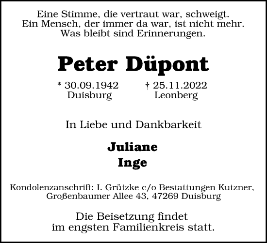 Traueranzeige von Peter Düpont von Tageszeitung