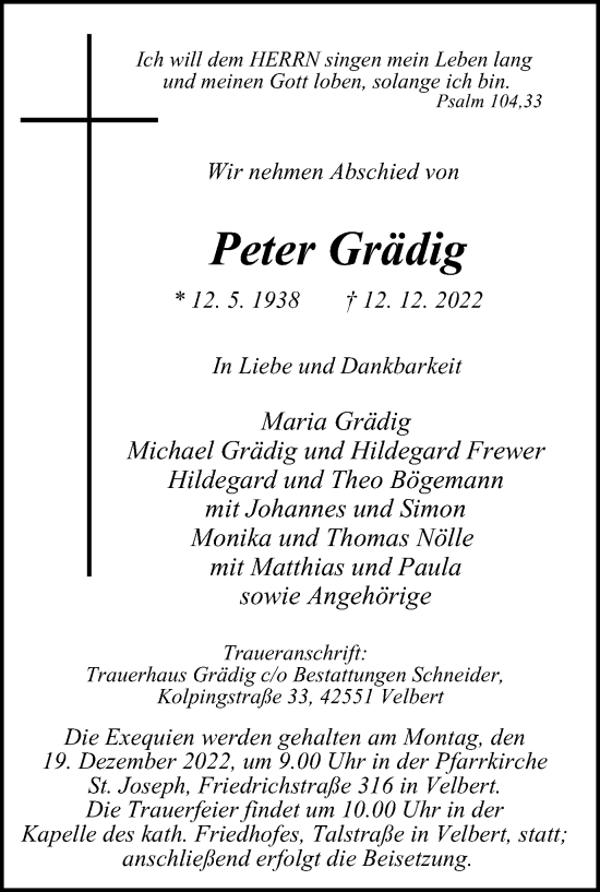 Traueranzeige von Peter Grädig von WVW Anzeigenblätter