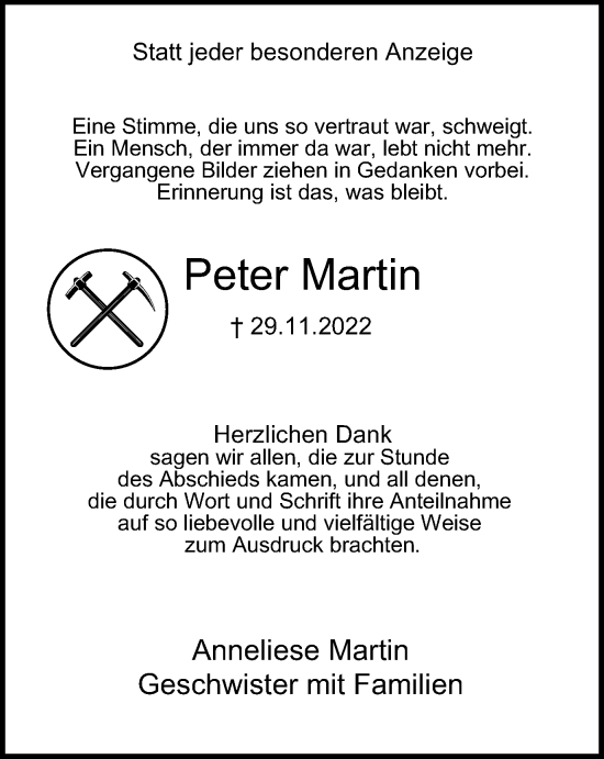 Traueranzeige von Peter Martin von Tageszeitung