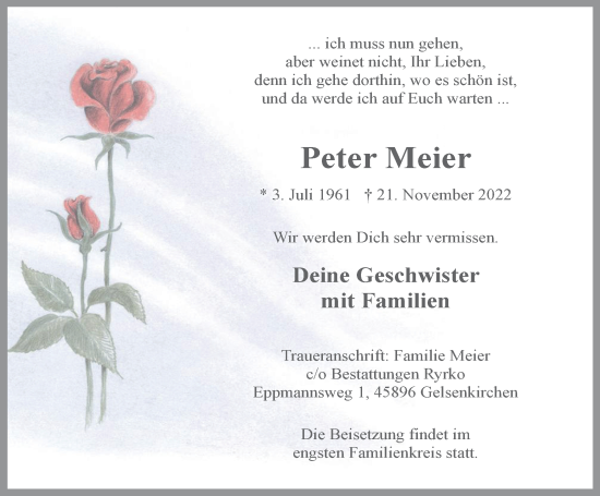 Traueranzeige von Peter Meier von WVW Anzeigenblätter