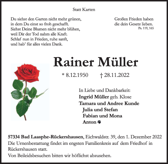 Traueranzeige von Rainer Müller von Tageszeitung