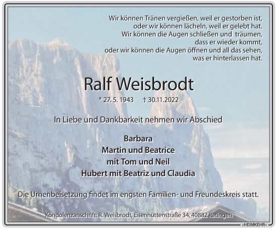 Traueranzeige von Ralf Weisbrodt von WVW Anzeigenblätter