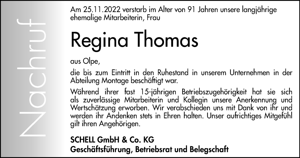  Traueranzeige für Regina Thomas vom 22.12.2022 aus Tageszeitung