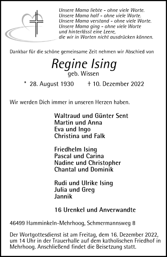 Traueranzeige von Regine Ising von Tageszeitung