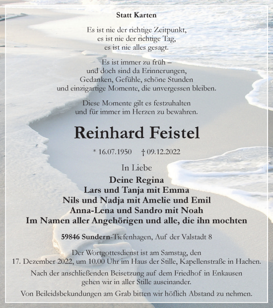 Traueranzeige von Reinhard Feistel von Tageszeitung