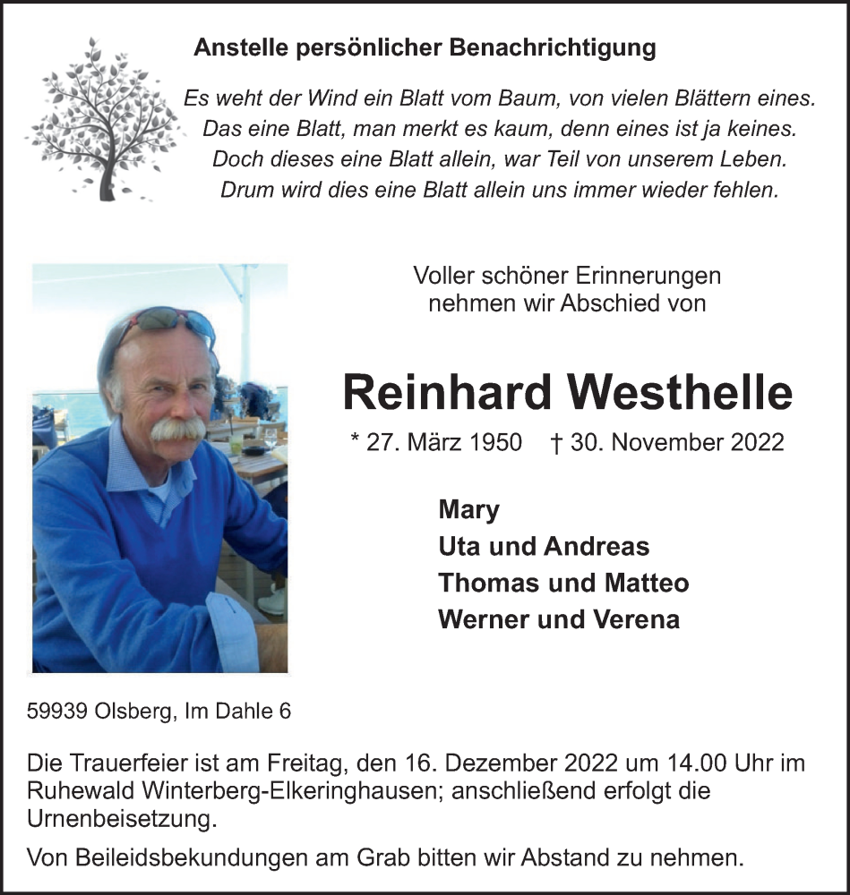  Traueranzeige für Reinhard Westhelle vom 03.12.2022 aus Tageszeitung