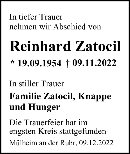 Traueranzeige von Reinhard Zatocil von Tageszeitung