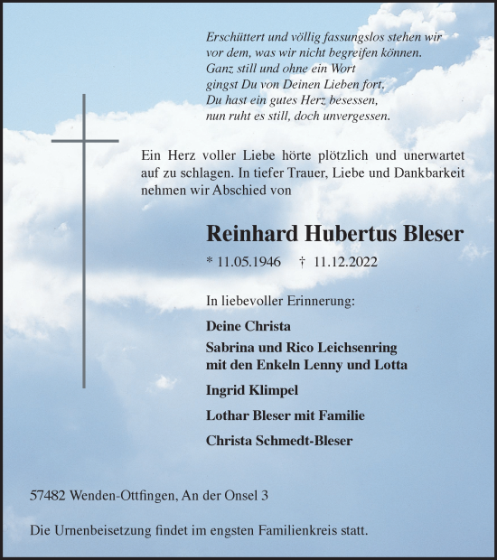 Traueranzeige von Reinhard Hubertus Bleser von Tageszeitung