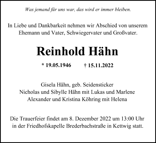 Traueranzeige von Reinhold Hähn von WVW Anzeigenblätter