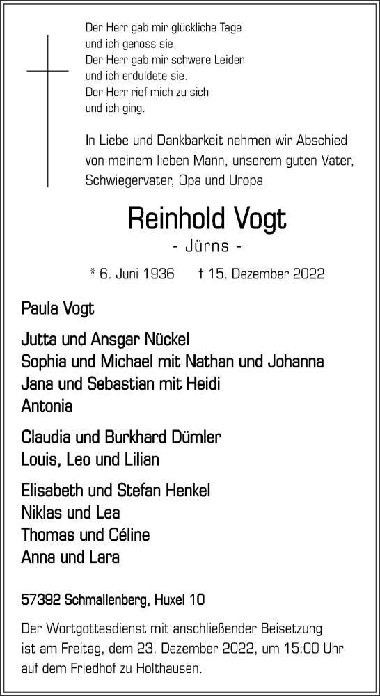 Traueranzeige von Reinhold Vogt von Tageszeitung