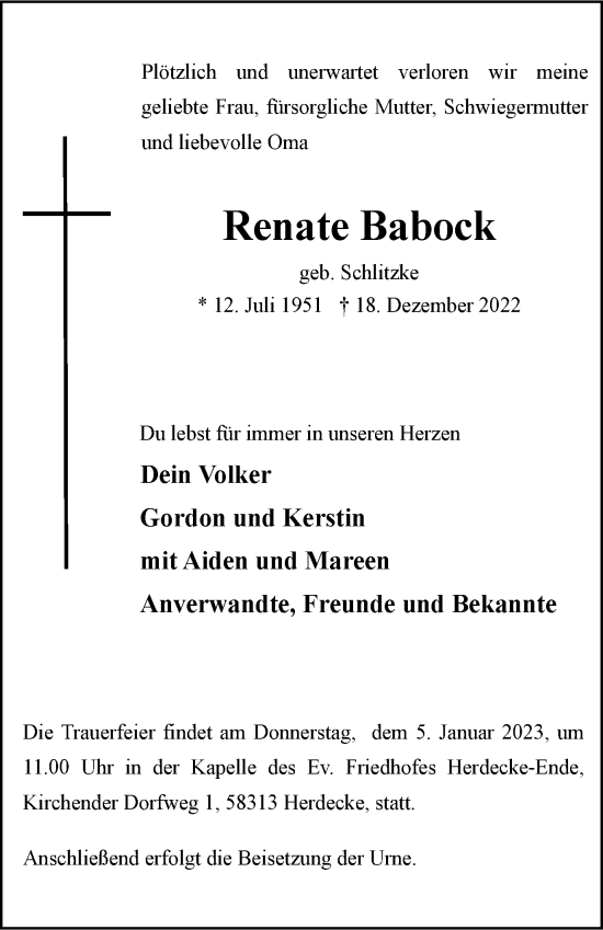 Traueranzeige von Renate Babock von Tageszeitung