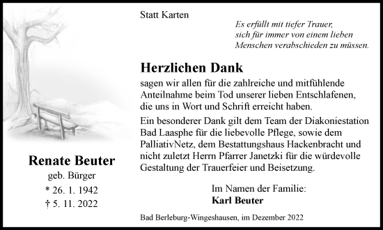 Traueranzeige von Renate Beuter von Tageszeitung
