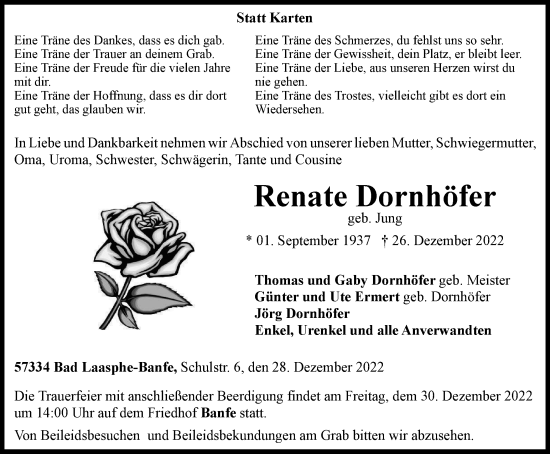 Traueranzeige von Renate Dornhöfer von Tageszeitung