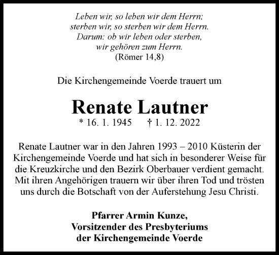 Traueranzeige von Renate Lautner von Tageszeitung